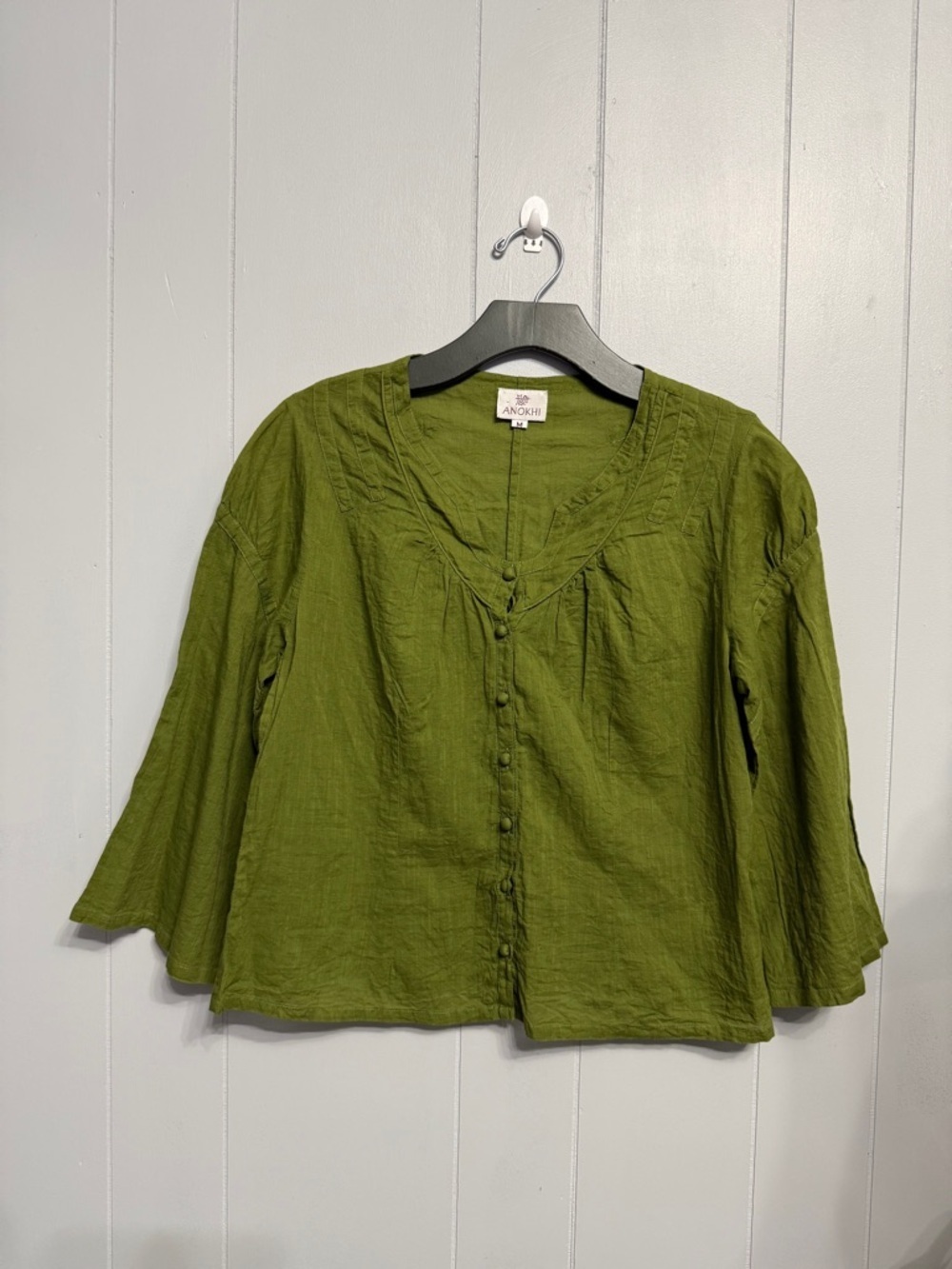 #15)  Anokhi Cotton Olive Green Button-Down Women's Blouse